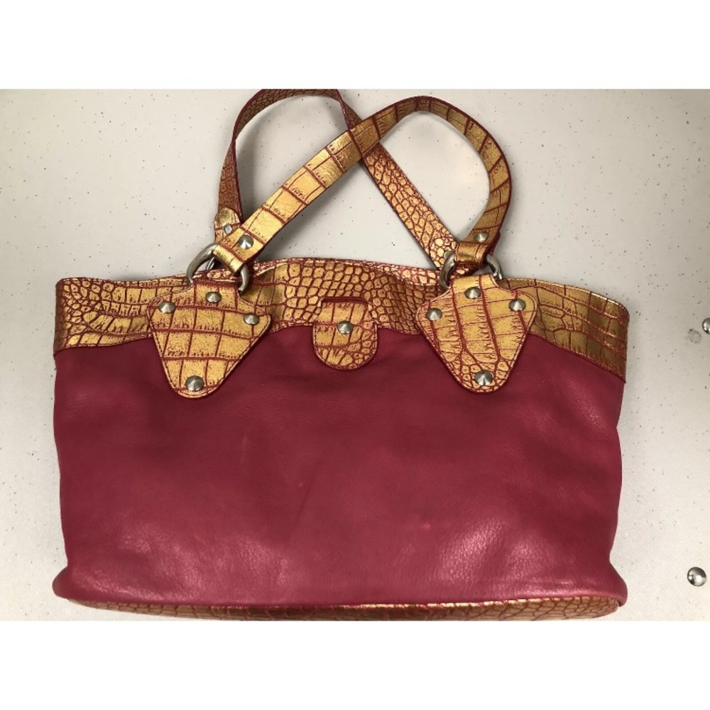 Falor Italian Leather Purse Dark Pink w/ Iridescent Gold Crocodile Detail.